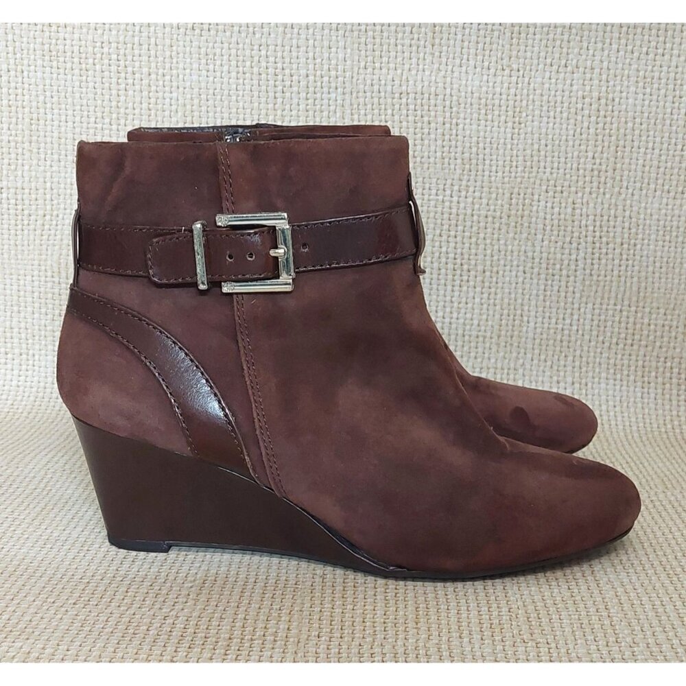 Trendy Brown Suede Leather Antonio Milano Wedge Boots Booties Zip Buckle Size 8